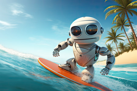 cute robot on surfboard surf a wave on tropical beach in summer illustrationの素材