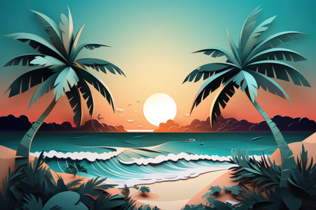 beautiful tropical beach paper art illustrationの素材