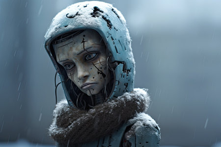 freezing sad robot stand in rain illustrationの素材