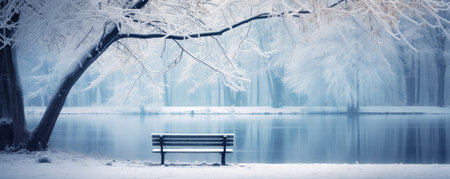 bench in park in cold snowy winter landscape by lakeの素材