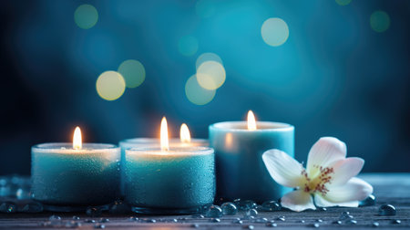 burning candles on table wellness and spa conceptの素材