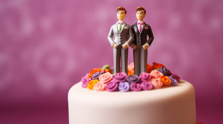 miniature wedding couple figure two men on top of cakeの素材