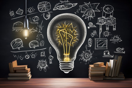 drawing of a bulb idea on blackboard in schoolの素材