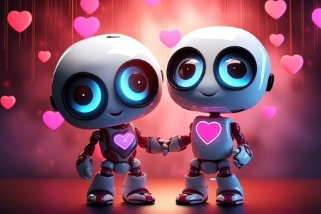 cute little robot couple in love illustrationの素材