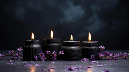 black burning candles on table wellness and spa conceptの素材
