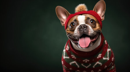 cute little dog in red christmas sweaterの素材
