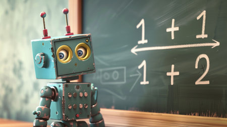 cute little robot desperate on math task at school illustrationの素材