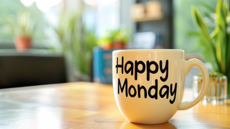 happy monday coffee cup stand on tableの素材