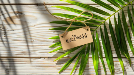 wellness paper label on tropical wooden background with palm leafの素材