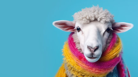 sheep with colorful scarf illustrationの素材