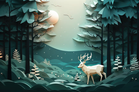 deer in forest paper art illustrationの素材