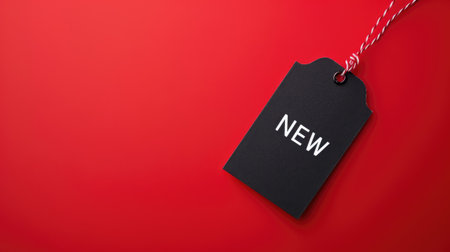 black paper label with new text on clean red backgroundの素材