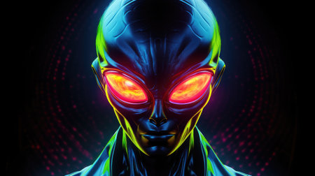 futuristic alien glowing in neon colors illustrationの素材