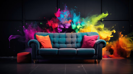 color explosion behind a couch in dark room illustrationの素材