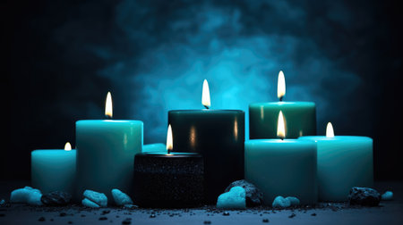 blue burning candles on table wellness and spa conceptの素材