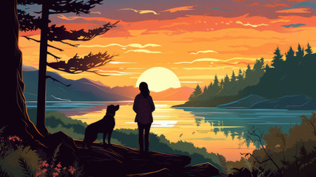 girl and dog by the lake in beautiful nature illustrationの素材