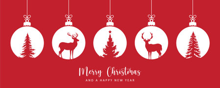 merry christmas card with hanging ball decoration with fir trees and deer vector illustrationのイラスト素材