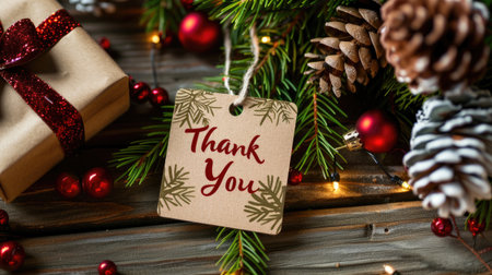 paper tag with words thank you on christmas backgroundの素材