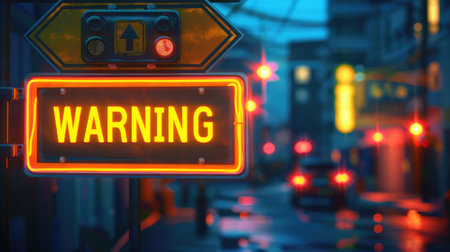 warning sign on the street at nightの素材