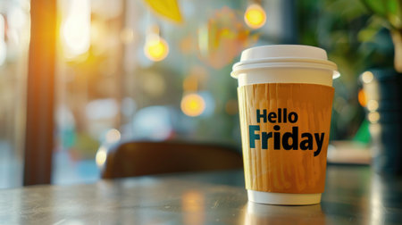 hello friday coffee cup stand on tableの素材