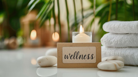 wellness paper tag with candle and towels healthy lifestyle conceptの素材