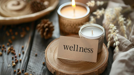 wellness paper tag with candles healthy lifestyle conceptの素材