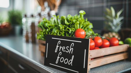fresh food label on kitchen backgroundの素材