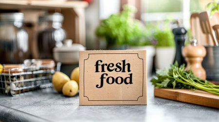 fresh food label on kitchen backgroundの素材