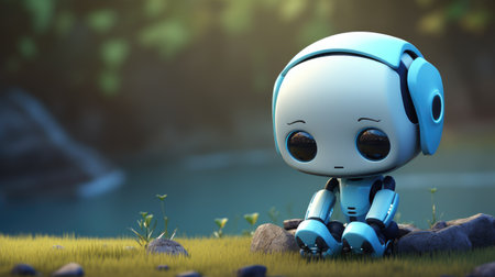 sad little robot sits on ground illustrationの素材