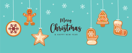 christmas card with hanging gingerbread cookies decoration vector illustrationのイラスト素材