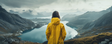 woman in rain jacket by lake in mountain landscapeの素材