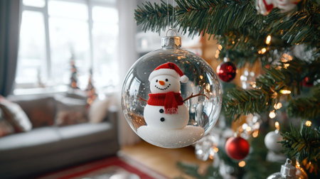hanging glass christmas tree ball with snowman decoration in cozy livingroomの素材