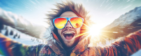 happy man with sunglasses in winter mountain vacationの素材