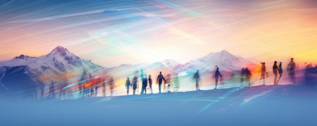 people in mountain winter vacation blurry backgroundの素材