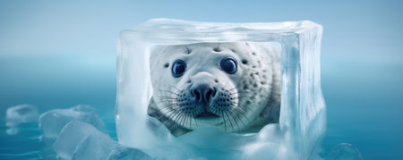 frozen seal in ice cube in winterの素材