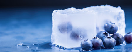 frozen ice cube with fresh blueberry fruitsの素材