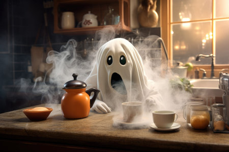 spooky cute little ghost in kitchen on halloweenの素材