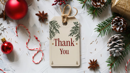 paper tag with words thank you on christmas backgroundの素材