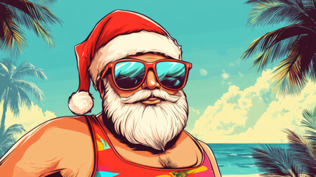 cool santa claus relax on tropical beach illustrationの素材