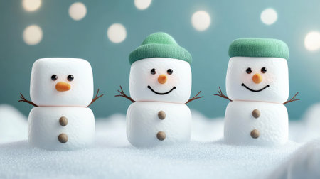 cute marshmallow snowmen on winter backgroundの素材