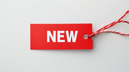 red paper label with new text on clean backgroundの素材