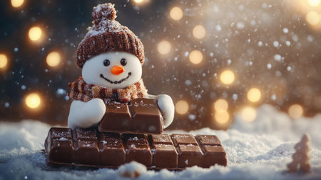 cheerful snowman stands in the snow while holding a bar of chocolateの素材