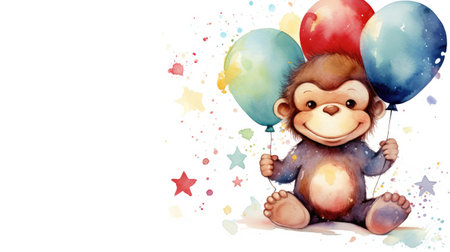 cute little monkey with birthday balloons watercolor designの素材