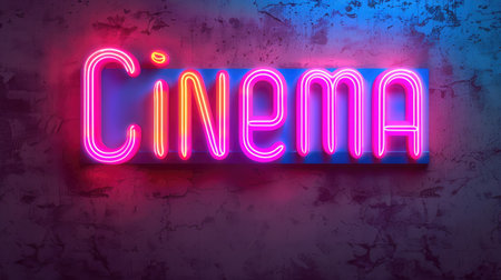 cinema glowing neon sign on wall backgroundの素材