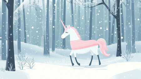 cute unicorn in a striped sweater walk in winter forest illustrationの素材