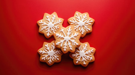 tasty decorated christmas cookies on red backgroundの素材