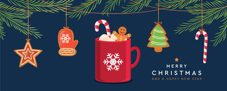 christmas card with hanging gingerbread cookies and cocoa drink vector illustration