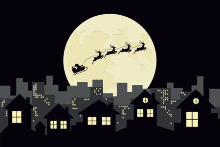 christmas banner santa claus in a sleigh with reindeer in the city vector illustrationのイラスト素材