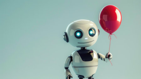 cute modern robot with red balloon illustrationの素材