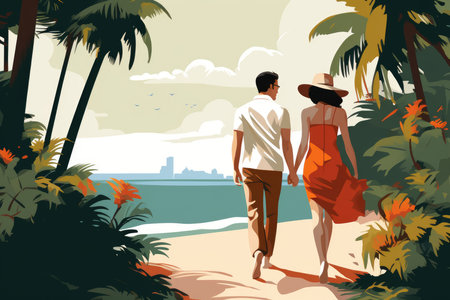 romantic couple on tropical beach summer vacation illustrationの素材